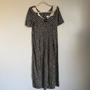 Vintage Jeffrey & Dara Floral Wide Leg Jumpsuit Lace Collar Black White 90s 7/8